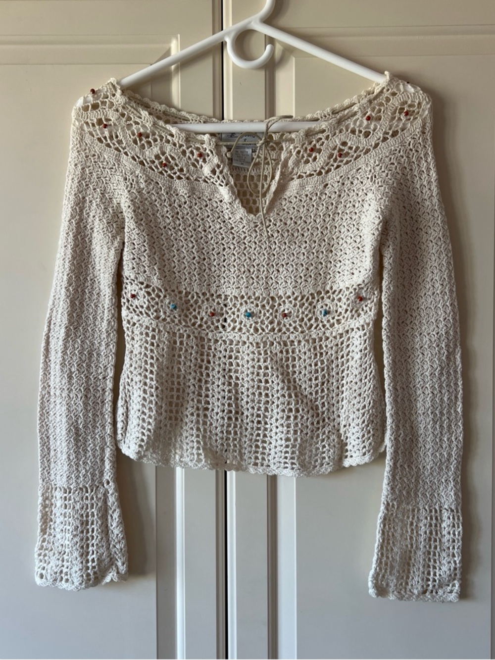Young Essence Cream Crochet V-Neck Tie-Front Sweater